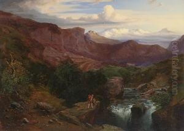 Zwei Wanderer Am Wasserfall Im
 Gebirge. Oil Painting by August Albert Zimmermann