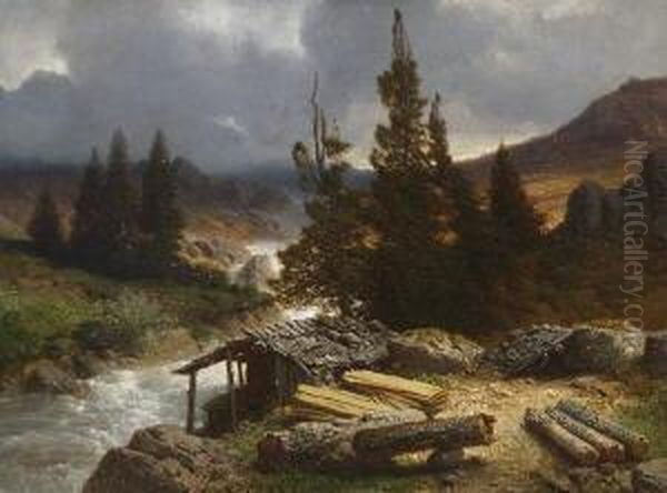 Hutte Am Gischtenden
 Gebirgsbach. Oil Painting by August Albert Zimmermann