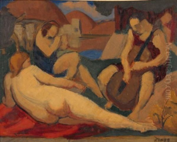 Femme Nue Allongee Et Violoncelliste Dansun Paysage Oil Painting by Jules Emile Zingg