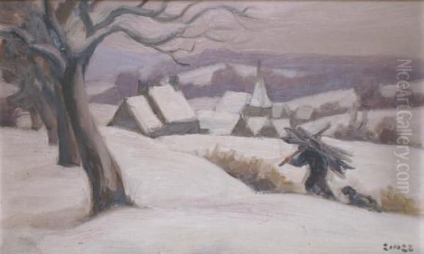 Village Sous La Neige Oil Painting by Jules Emile Zingg