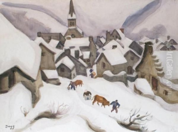 Village Anime Sous La Neige Oil Painting by Jules Emile Zingg