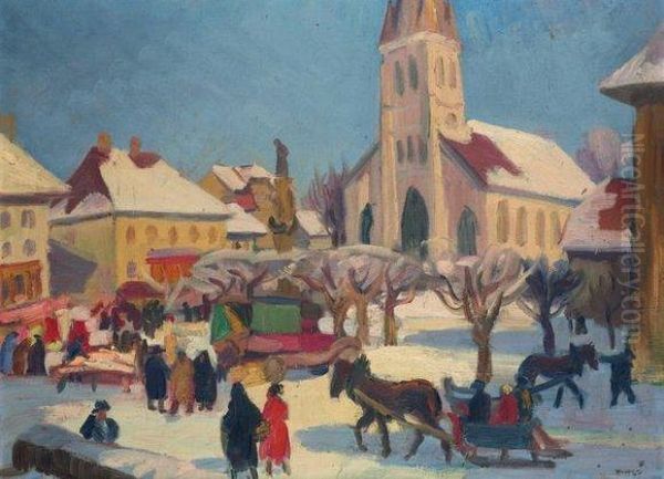 La Place Du Village Sous La Neige. Oil Painting by Jules Emile Zingg