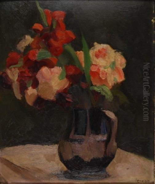 Fleurs Rouges Au Pichet Oil Painting by Jules Emile Zingg