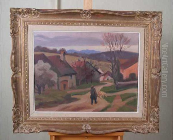 Paysage Anime D'un Homme Promenant Un Cochon Oil Painting by Jules Emile Zingg