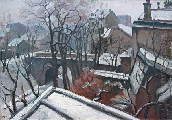 Vue De L'atelier : La Petite Ceinture Sousla Neige Oil Painting by Jules Emile Zingg