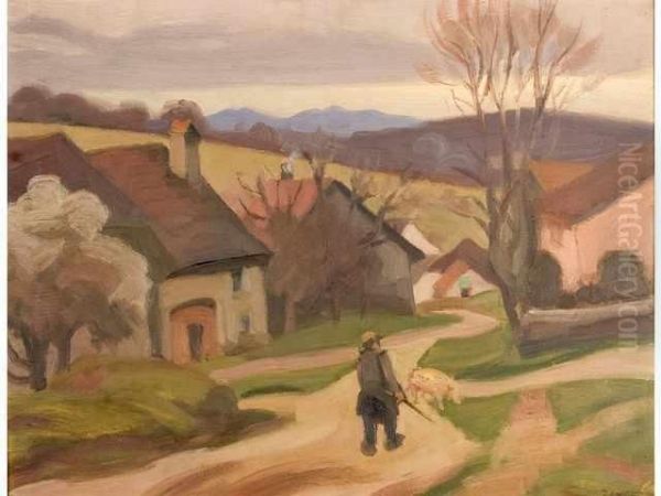 Paysage Anime D Un Homme Promenant Uncochon Oil Painting by Jules Emile Zingg