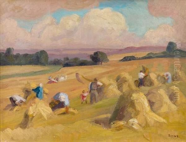 Ramassage Des Gerbes, Vexin 1939 Oil Painting by Jules Emile Zingg