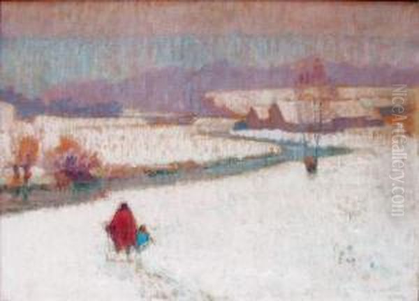  Femme Et Enfant Dans La Neige  Oil Painting by Jules Emile Zingg