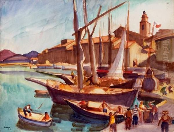 Bateaux A Quai Dans Le Port De Saint-tropez Oil Painting by Jules Emile Zingg