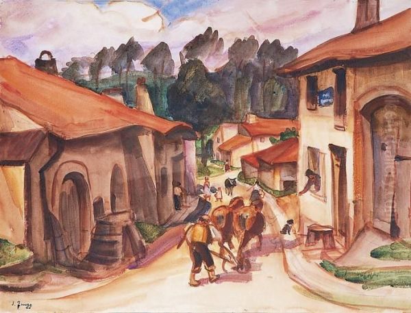 Rue Animee Dans Un Village Franc-comtois Oil Painting by Jules Emile Zingg