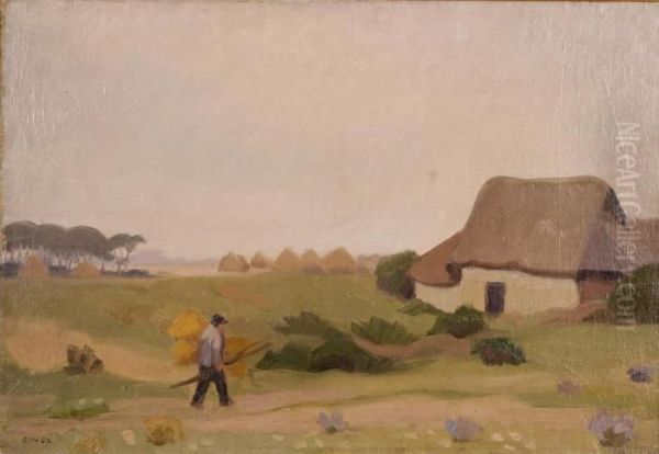 Emile Paysage Aux Meules Huiles Ur Toile Signee En Bas A Gauche Oil Painting by Jules Emile Zingg