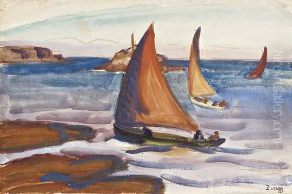 Les Voiles Rouges, Saint Valery, 1924. Oil Painting by Jules Emile Zingg