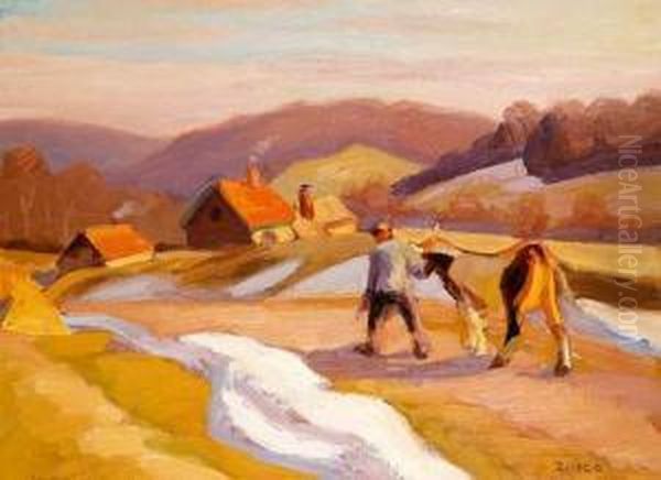 Enfants Devant La Ferme Murol, Circa 1930 Oil Painting by Jules Emile Zingg