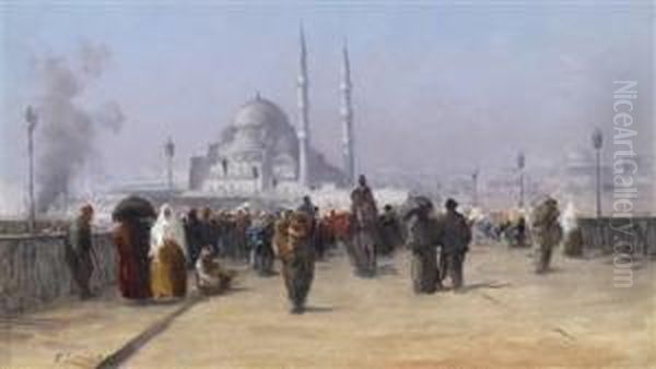 Hustle And Bustle On The Galata Bridge In Constantinople Oil Painting by Fausto Zonaro