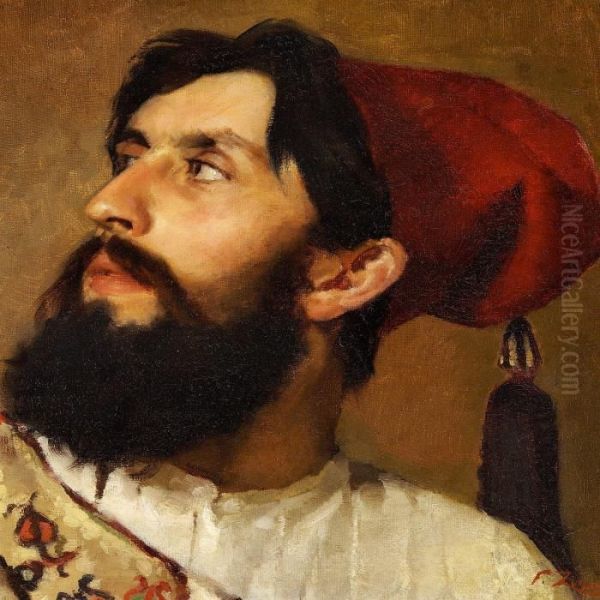 Turk With A Black Beard And A Red Fez Oil Painting by Fausto Zonaro