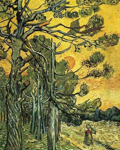 Pine Trees Against A Red Sky With Setting Sun Oil Painting by Vincent Van Gogh