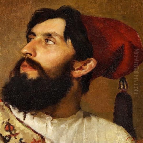 Turk With A Black Beard And A Red Fez Oil Painting by Fausto Zonaro