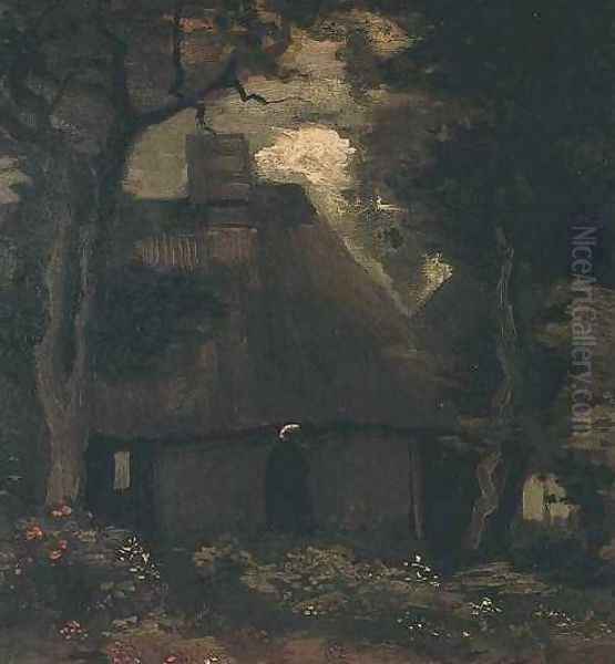 Cottage With Trees And Peasant Woman Oil Painting by Vincent Van Gogh