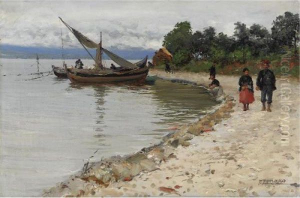 On The Shore Of The Bosphorus Oil Painting by Fausto Zonaro