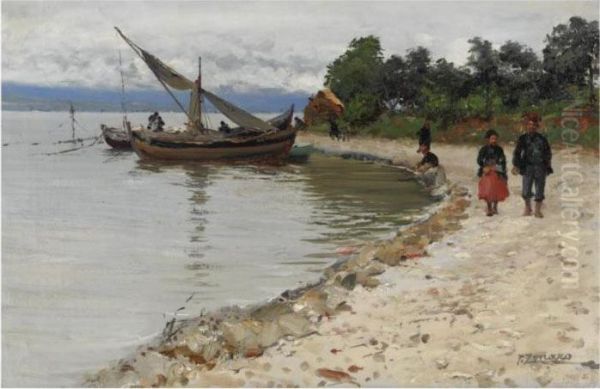 On The Shore Of The Bosphorus Oil Painting by Fausto Zonaro