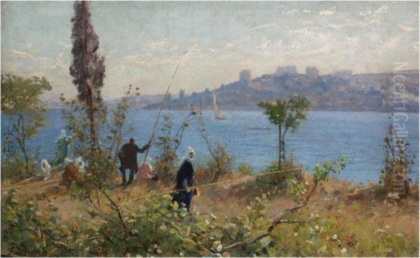 Harem Alla Pesca Sul Bosporo (harem Girls Fishing By The Bosphorus) Oil Painting by Fausto Zonaro