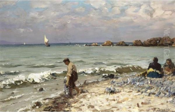 Fishermen On The Shores Of The Bosphorus Oil Painting by Fausto Zonaro