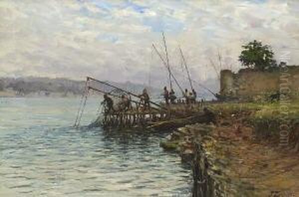 Orientalische Angler Am
 Fluss. Oil Painting by Fausto Zonaro