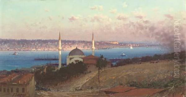 The Dolmabahce Mosque And Uskudar As Seen From The Hills Ofgumussuyu, Constantinople Oil Painting by Fausto Zonaro