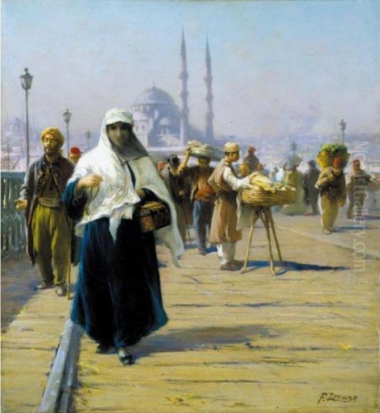 View Across The Galata Bridge, Constantinople Oil Painting by Fausto Zonaro