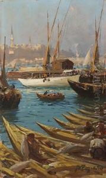 Boote Am Goldenen Horn In
 Istanbul. Oil Painting by Fausto Zonaro