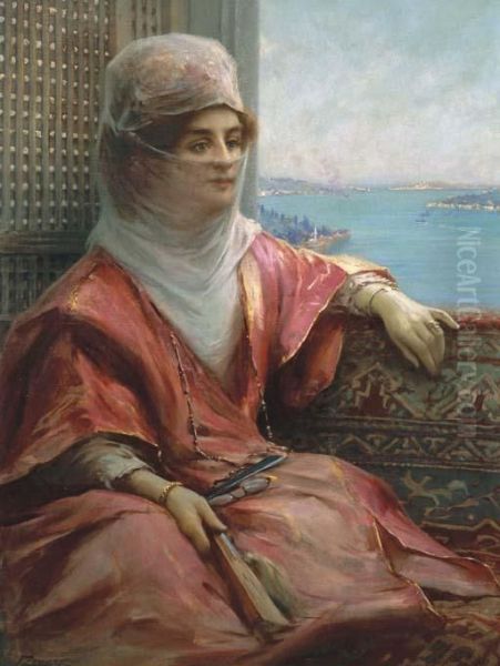 Portrait Of A Turkish Lady With The Bosphorus In Thebackground Oil Painting by Fausto Zonaro