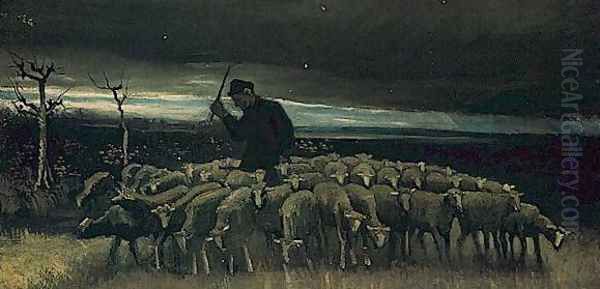 Shepherd With A Flock Of Sheep Oil Painting by Vincent Van Gogh