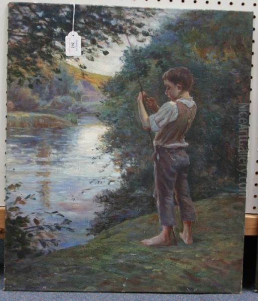 Boy Fishing On The Bank Of A River Oil Painting by Anders Zorn