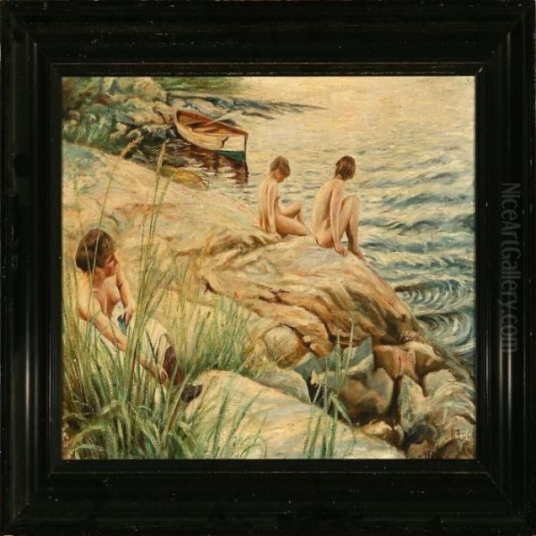 Girls Bathing At A Rocky Coast Oil Painting by Anders Zorn