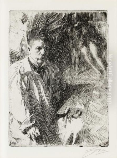 Selfportrait With Model Ii Oil Painting by Anders Zorn