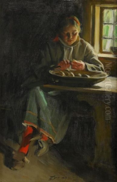 Peeling Potatoes - Interior With Peasant Woman Oil Painting by Anders Zorn