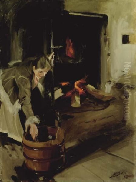 Vid Spisen (by The Fireplace) Oil Painting by Anders Zorn