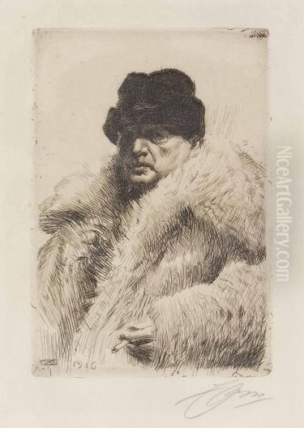 Sjalvportratt I Vargskinnspals Oil Painting by Anders Zorn