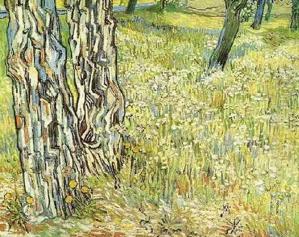 Pine Trees And Dandelions In The Garden Of Saint Paul Hospital Oil Painting by Vincent Van Gogh