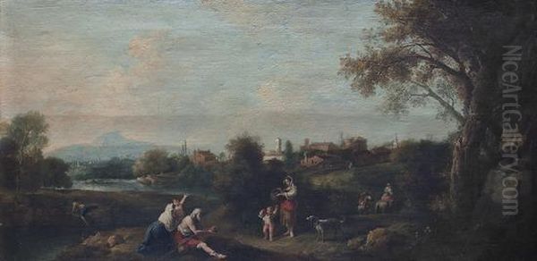 Paesaggio Con Borgo Fortificato In Lontananza E Famiglia Di Contadini In Primo Piano Oil Painting by Francesco Zuccarelli