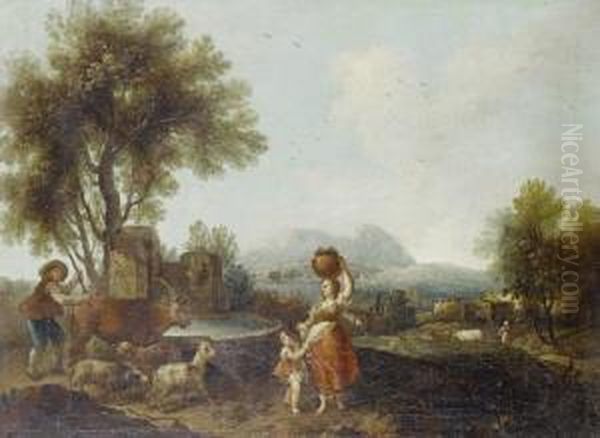 A Pastoral Landscape With A 
Washerwoman Andher Child Beside A Well, A Cowherd With His Livestock And
 A Countryvillage And Mountains Beyond Oil Painting by Francesco Zuccarelli