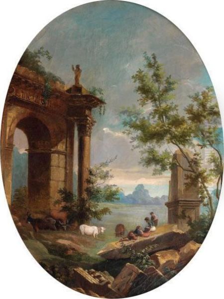 Paysage Au Troupeau Et Bergers Au Piedd'une Architecture Antique Oil Painting by Francesco Zuccarelli