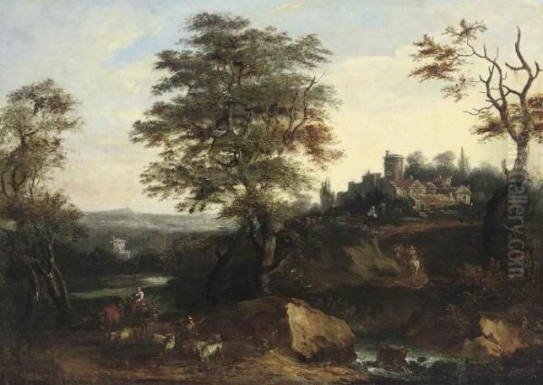 A Wooded River Landscape, With Shepherds And Their Cattle, A Townbeyond Oil Painting by Francesco Zuccarelli