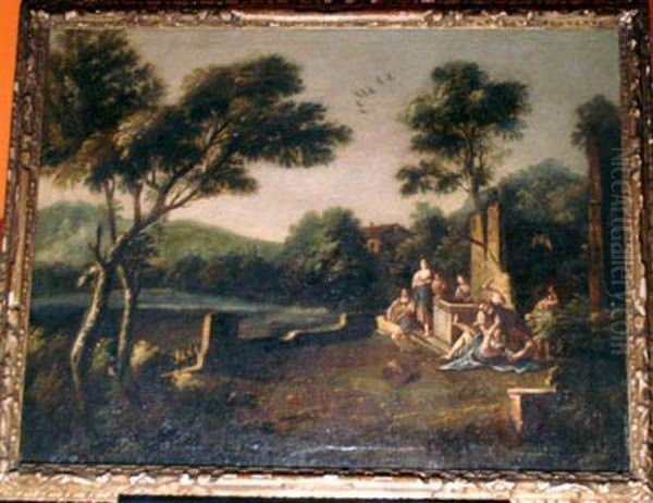 Italianlandscape With A Group Of Girls And Fitting Man At Awell Oil Painting by Francesco Zuccarelli