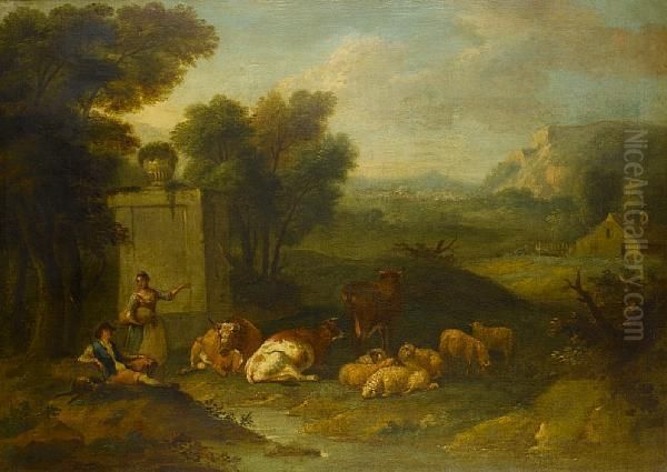 A Shepherd And A Shepherdess 
Grazing Their Cattle In An Italianate Landscape, A Village On The 
Horizon Oil Painting by Francesco Zuccarelli