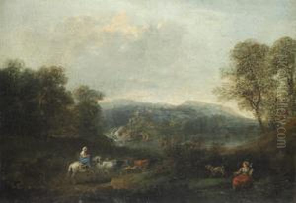 Landscape With Figures And Animals; Youngwoman Oil Painting by Francesco Zuccarelli