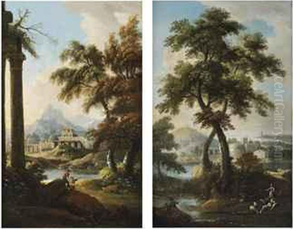 A Young Girl With Sheep In A River Landscape, A Castle Beyond Oil Painting by Francesco Zuccarelli