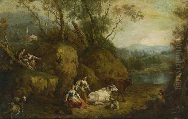 Felsige Baumlandschaft Mit Rastenden Hirten Und Vieh. Oil Painting by Francesco Zuccarelli