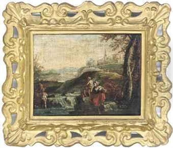 An Italianate Landscape With Figures Washing Clothes At Awaterfall by Francesco Zuccarelli