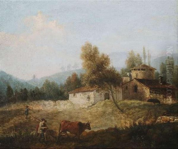 Extensive River Landscape With A Small Village And A Round Tower On A Hill. Oil Painting by Francesco Zuccarelli